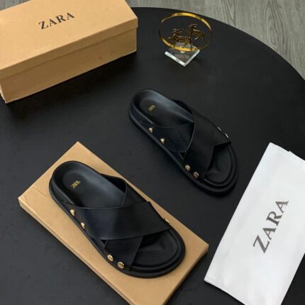 Zara Black Criss-Cross Flat Studded Slide Sandals