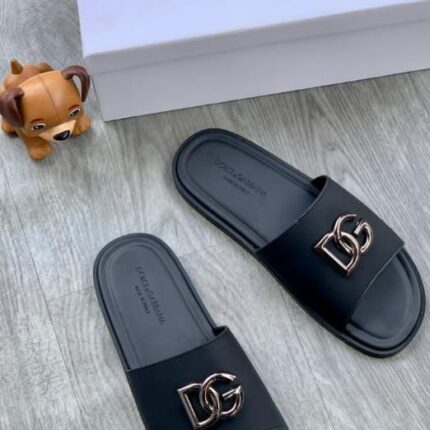 Dolce & Gabbana Black Rubber Slides with Gold DG Logo