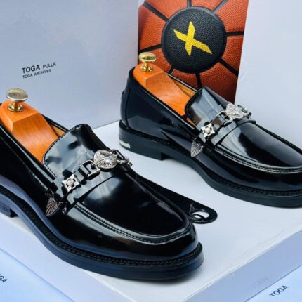 Toga Pulla Black Polido Leather Loafers with Western Buckles