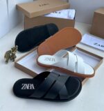 Zara Black Flat Crossed-Strap Slide Sandals