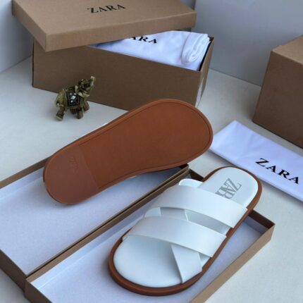Zara White Flat Cross-Strap Slide Sandals