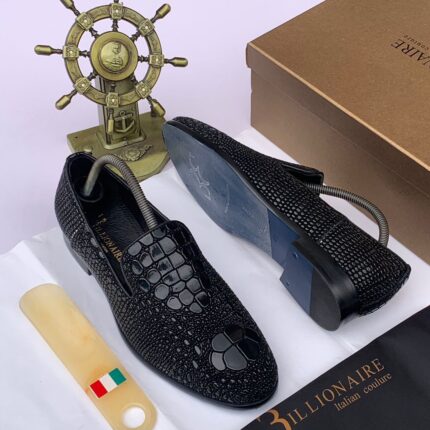 Billionaire Luxury Scale Leather Loafers in Black