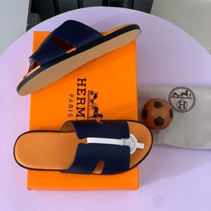 Hermès Izmir Sandals in Dark Blue & Orange Leather
