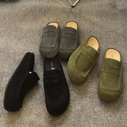 Men’s Open-Back Suede Loafers in Black, Grey & Olive Green