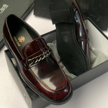Roberto Cavalli Dark Red Patent Leather Chain-Link Loafers