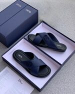 Dior Men's Navy Blue Leather Slippers with Dior Diamond Motif