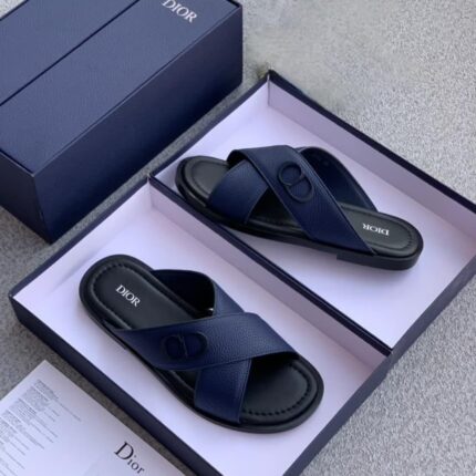 Dior Men's Navy Blue Leather Slippers with Dior Diamond Motif