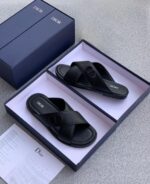 Dior Men's Navy Blue Leather Slippers with Dior Diamond Motif