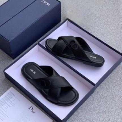 Dior Men's Navy Blue Leather Slippers with Dior Diamond Motif