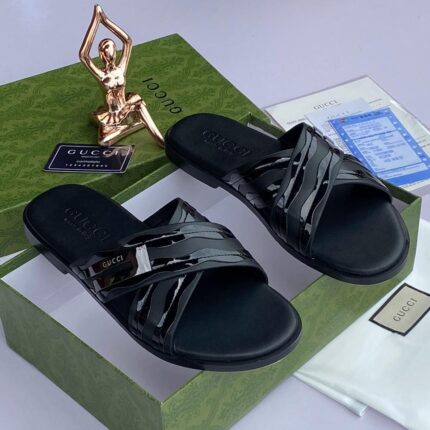 Gucci Men’s Black Patent Leather Slippers - Italian Luxury Horsebit Loafer Mules