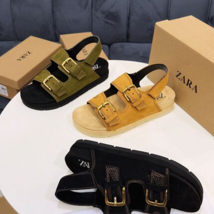 Zara Flat Leather Sandals with Buckle Straps