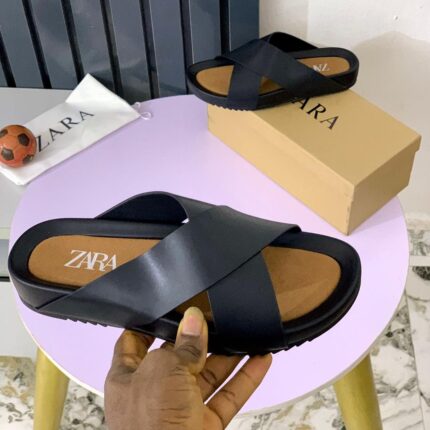 Zara Leather Slippers with Cross-Strap Design
