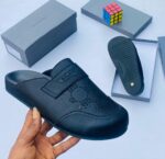 Balenciaga Men’s Black Grained Leather BB Logo Mules – Luxury Slides