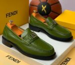 Fendi FF Logo Olive Green Leather Loafers