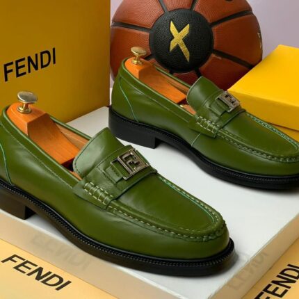 Fendi FF Logo Olive Green Leather Loafers