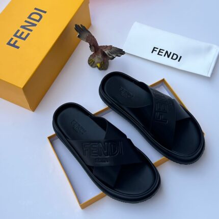 Fendi Black Leather Logo Slide Sandals