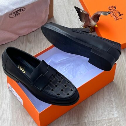 Hermès Kennedy Black Woven Leather Loafers