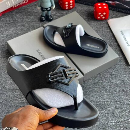 Balenciaga Branded Leather Slippers with Logo Buckle
