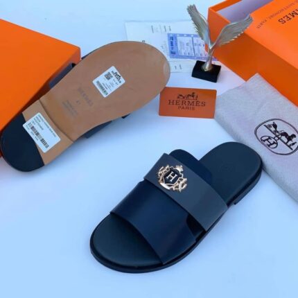 Hermès Paris Sandale Homme Air Epsom Black Leather Slides