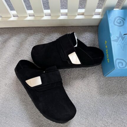 Urban Luxe Black Suede Buckle Mules
