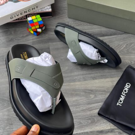 Tom Ford Olive Green Luxury T-Strap Slides with Chunky Sole