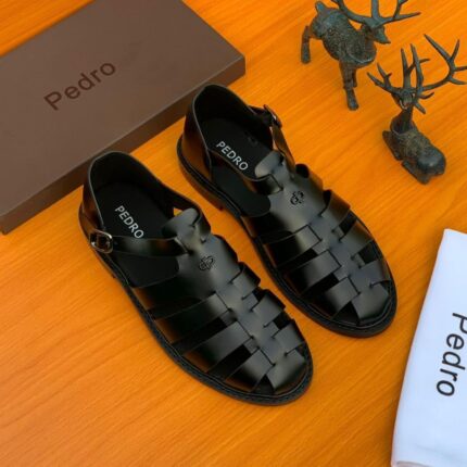 Black Leather Caged Sandals with Buckle Closure 3