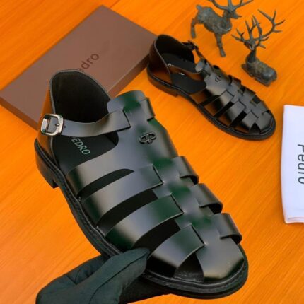 Black Leather Caged Sandals with Buckle Closure