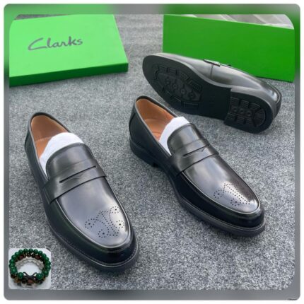 Black Leather Penny Loafers with Brogue Detail