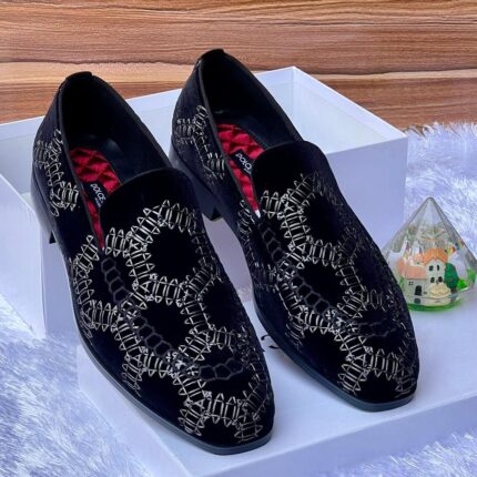 Black Velvet Loafers with Silver Stitch Detail