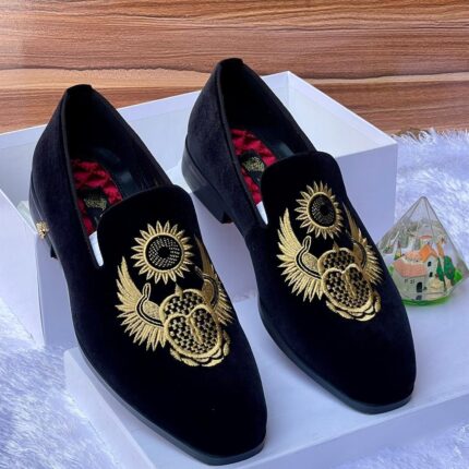 Black Velvet Slip-On Loafers with Gold Scarab & Sun Crest Embroidery