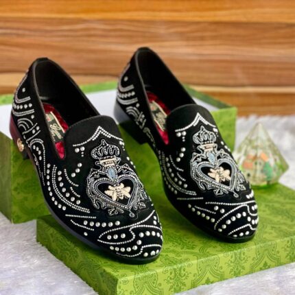 Black Velvet Slip-On Loafers with Silver Rhinestones & Embroidery