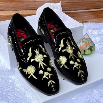 DEPALLY Men’s Black Loafers with Gold Floral Embroidery