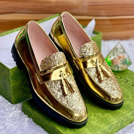 Gold Shiny Tassel Loafers with Glitter Top