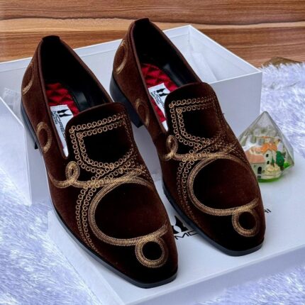 Moreschi Brown Velvet Loafers with Gold Embroidery