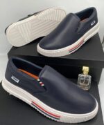 Navy Blue Leather Slip-On Sneakers