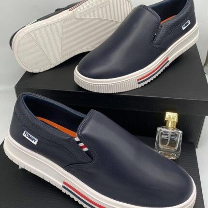 Navy Blue Leather Slip-On Sneakers