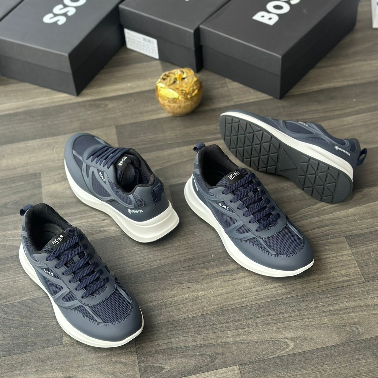 Navy Blue Running Sneakers with Leather Trims Navy Blue Running Sneakers with Leather Trims