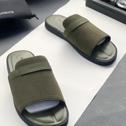 Olive Green Ribbed Strap Slide Sandals