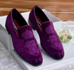 Purple Velvet Loafers with Crown Crest Embroidery
