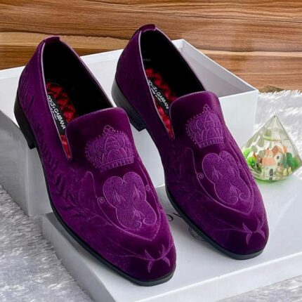 Purple Velvet Loafers with Crown Crest Embroidery