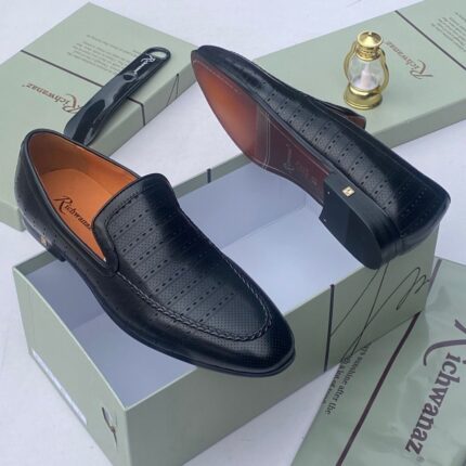 Richwanaz Black Leather Perforated Loafers 1