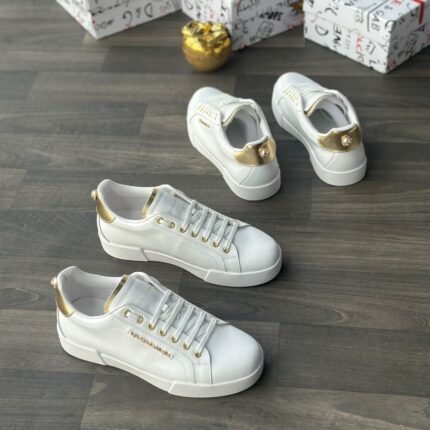 White Leather Sneakers with Gold & Pearl Details