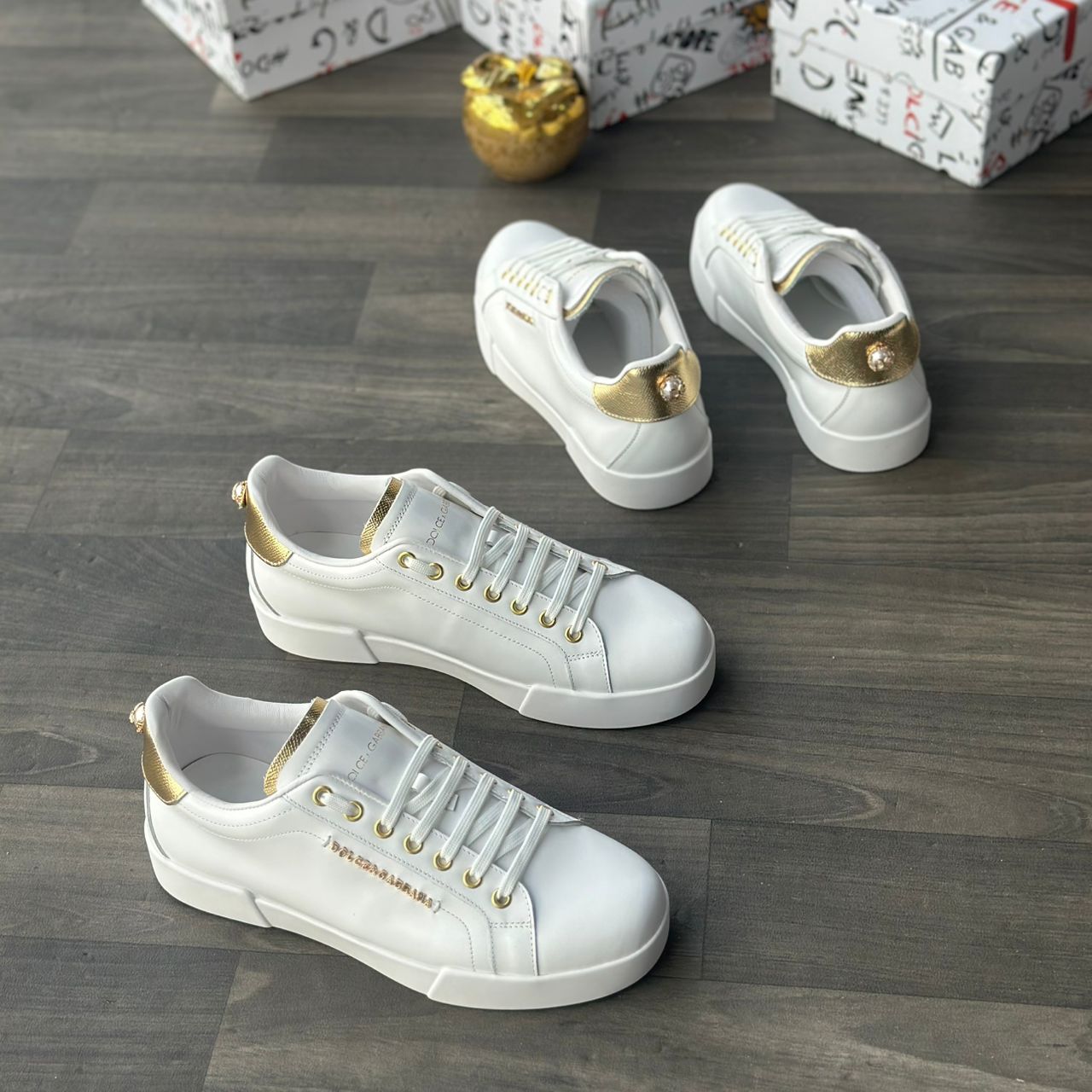 White Leather Sneakers with Gold & Pearl Details White Leather Sneakers with Gold & Pearl Details