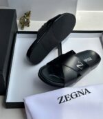 Black Leather Cross-Strap Sandals with Silver Z Logo