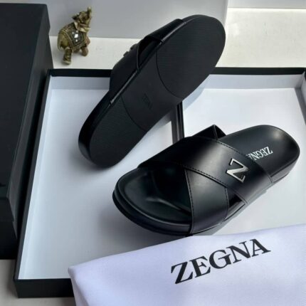 Black Leather Cross-Strap Sandals with Silver Z Logo