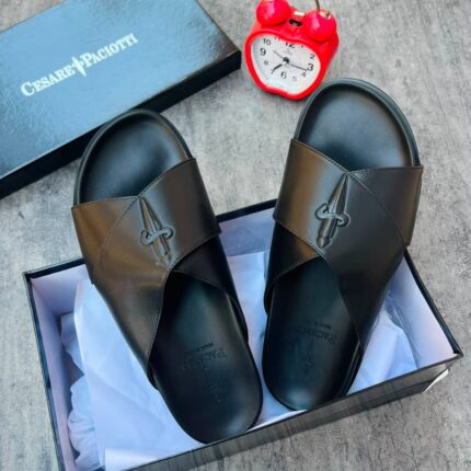 Black Leather Slides with Dagger Emblem
