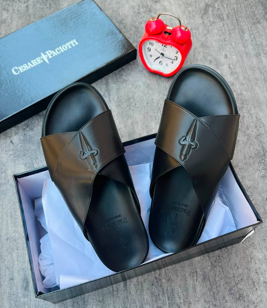 Black Leather Slides with Dagger Emblem Black Leather Slides with Dagger Emblem