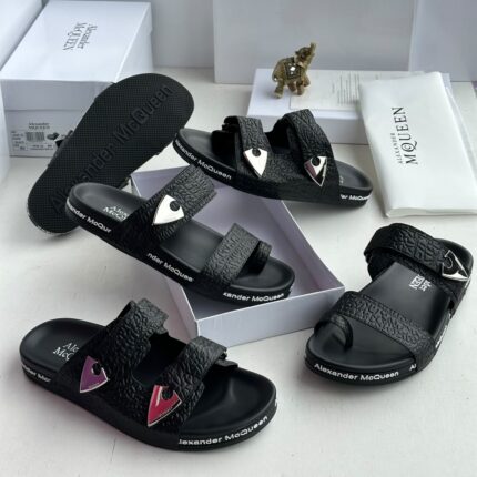 Black Sandals with Embossed Straps & Triangle Buckles