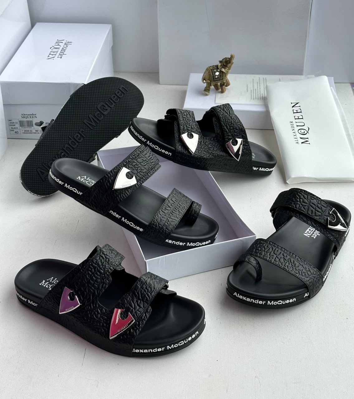 Black Sandals with Embossed Straps & Triangle Buckles Black Sandals with Embossed Straps & Triangle Buckles