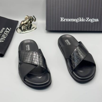 Ermenegildo Zegna Panarea Black Crocodile Leather Slides